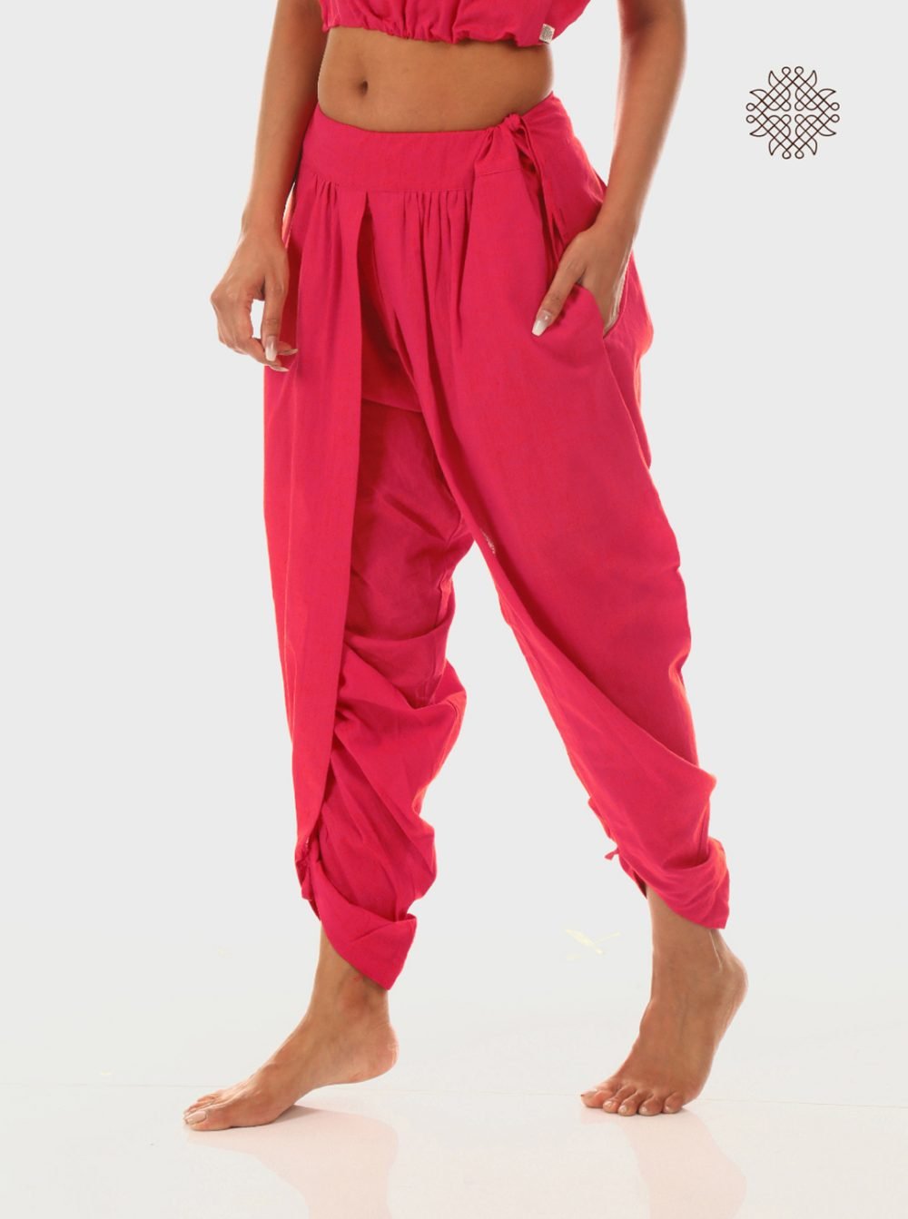 pAtala (coral pink) yuvaki, dhoti pants with pockets crafted in 100% cotton - Image 3