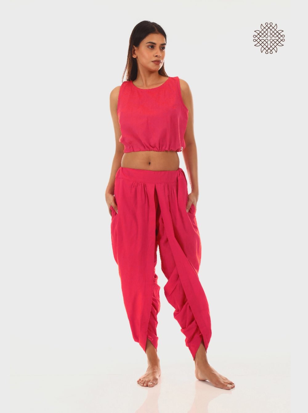 pAtala (coral pink) yuvaki, dhoti pants with pockets crafted in 100% cotton - Image 5