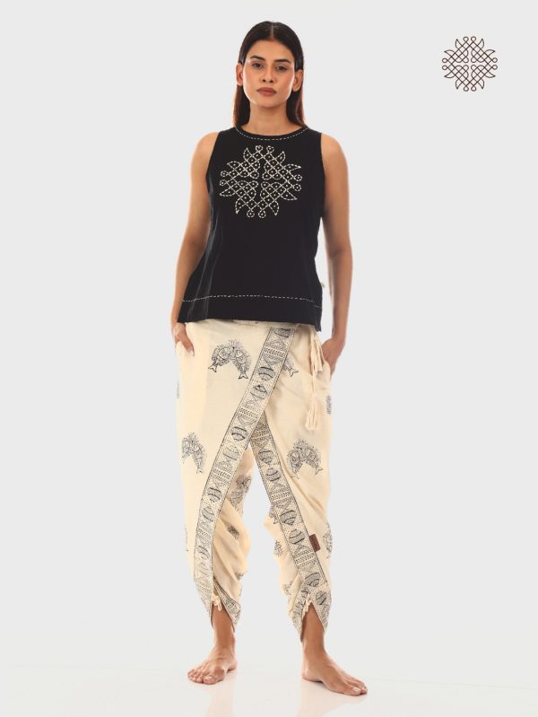 Meena - Hand Block Print Off-White Cross-Cut Dhoti & Hand Embroidered Black  Crop Top Set crafted in 100% cotton