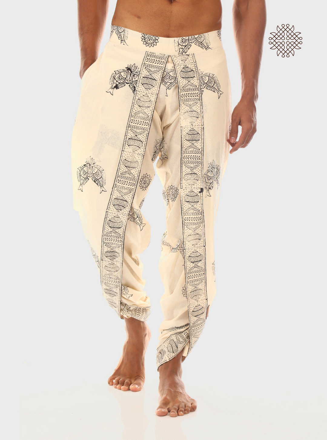 Matsya Dhoti Pants - Off-White Hand Block Printed Tulip Dhoti made in 100% cotton