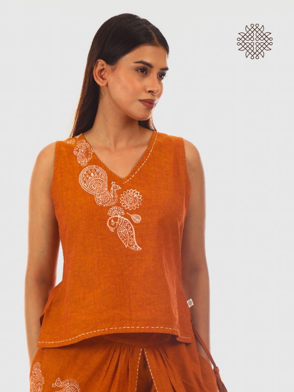 Mayura Kurta - Hand Block Printed Rusty Brown Crop Top crafted in 100% cotton