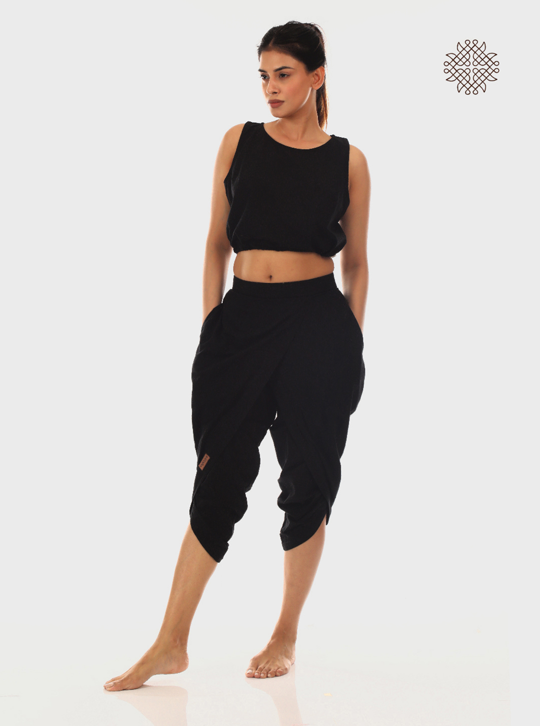 syamah (black) taruNi, cross-cut calf length dhoti pants with pockets crafted in 100% cotton - Image 5
