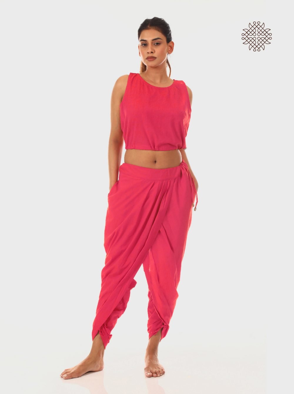 pAtala (coral pink) yuvaki, pleated dhoti pants with pockets crafted in 100% cotton - Image 5