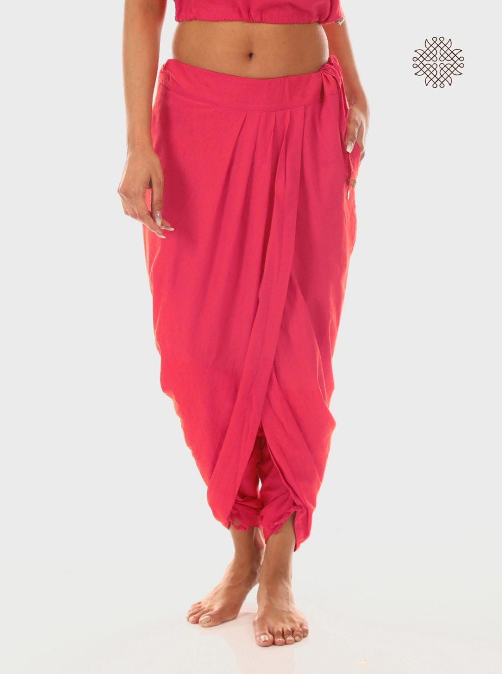 pAtala (coral pink) yuvaki, pleated dhoti pants with pockets crafted in 100% cotton