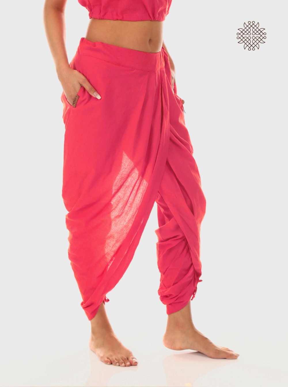 pAtala (coral pink) yuvaki, pleated dhoti pants with pockets crafted in 100% cotton - Image 2