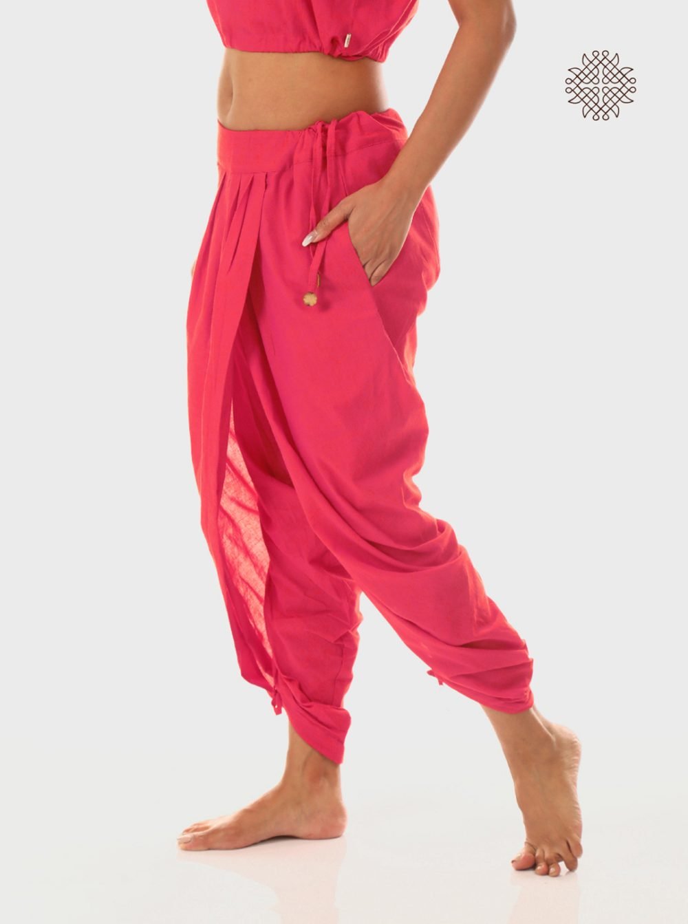 pAtala (coral pink) yuvaki, pleated dhoti pants with pockets crafted in 100% cotton - Image 3