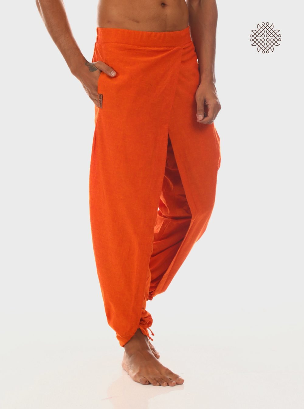 Kesari (saffron) cross cut yuvaka dhoti pants  with pockets  crafted in 100% cotton - Image 2