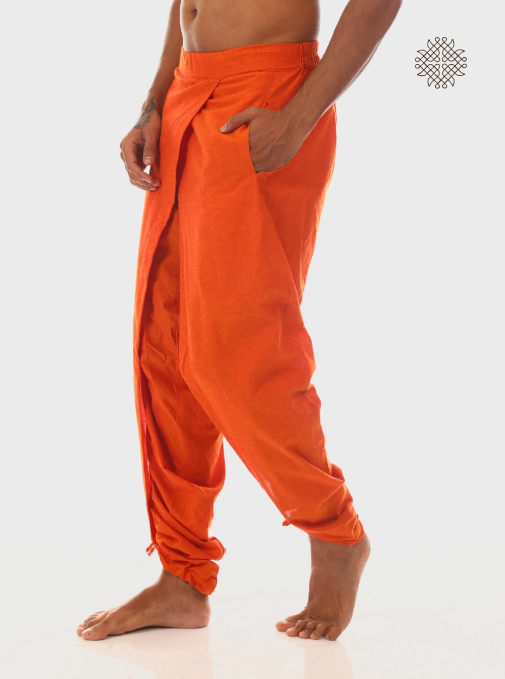 Kesari (saffron) cross cut yuvaka dhoti pants  with pockets  crafted in 100% cotton - Image 3