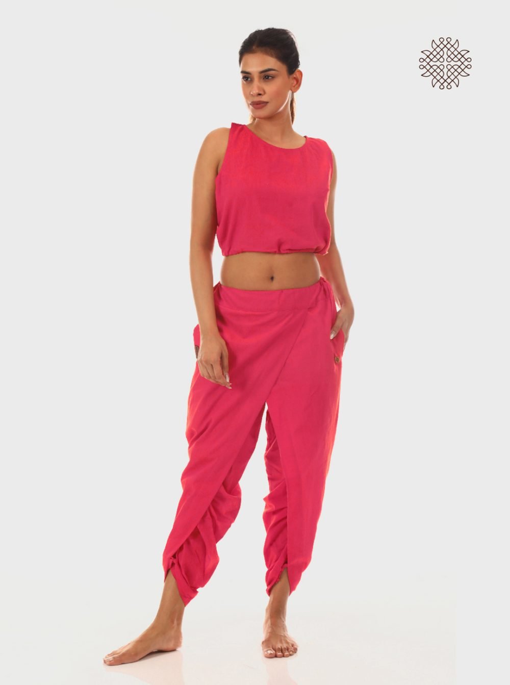 pAtala (coral pink) taruNi, cross-cut dhoti pants with pockets  crafted in 100% cotton - Image 5