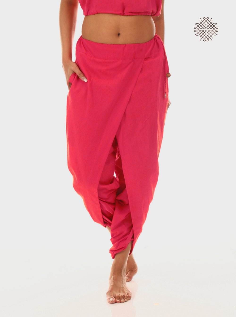 pAtala (coral pink) taruNi, cross-cut dhoti pants with pockets  crafted in 100% cotton - Image 2