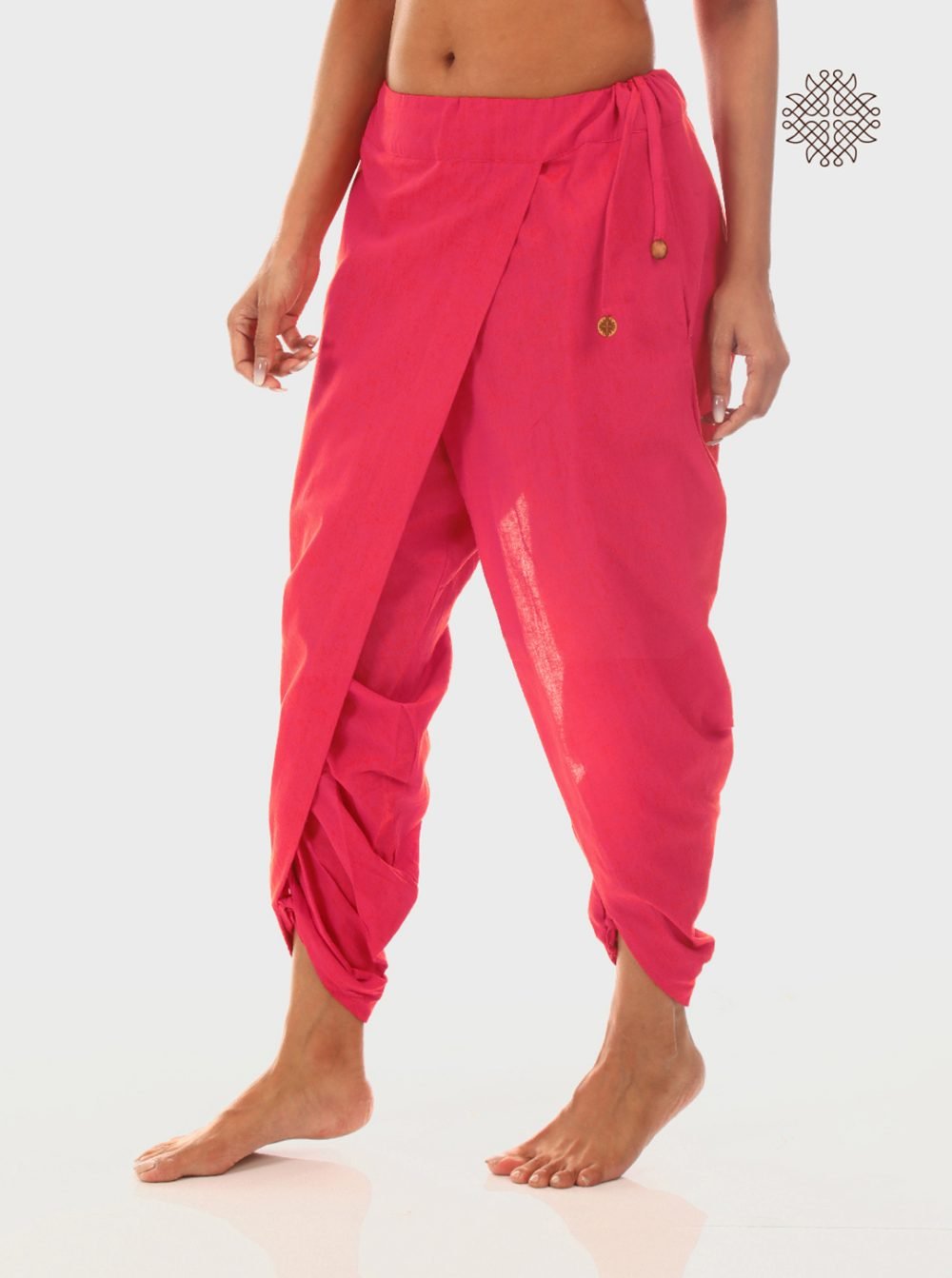 pAtala (coral pink) taruNi, cross-cut dhoti pants with pockets  crafted in 100% cotton - Image 3