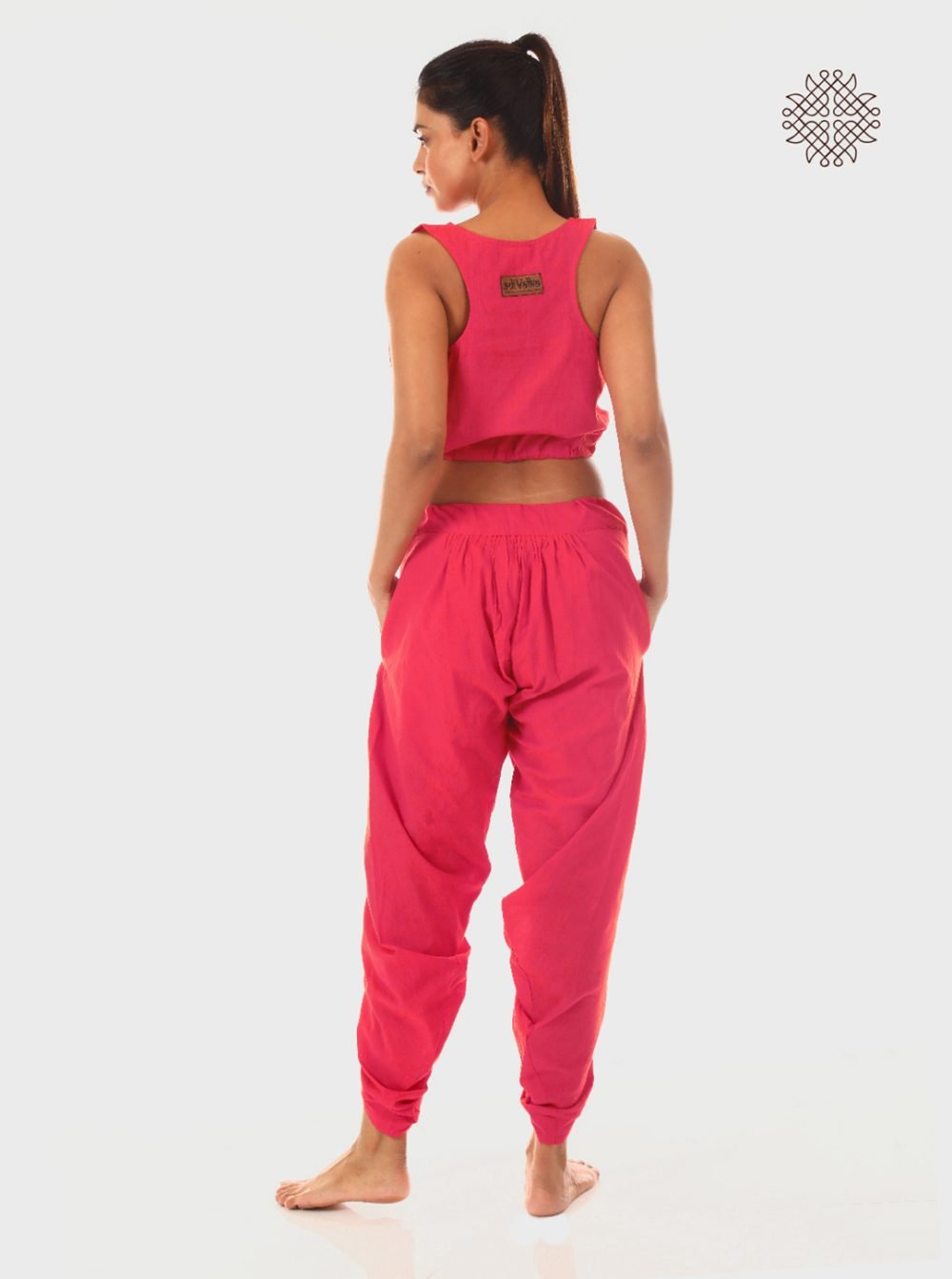 pAtala (coral pink) taruNi, cross-cut dhoti pants with pockets  crafted in 100% cotton - Image 4