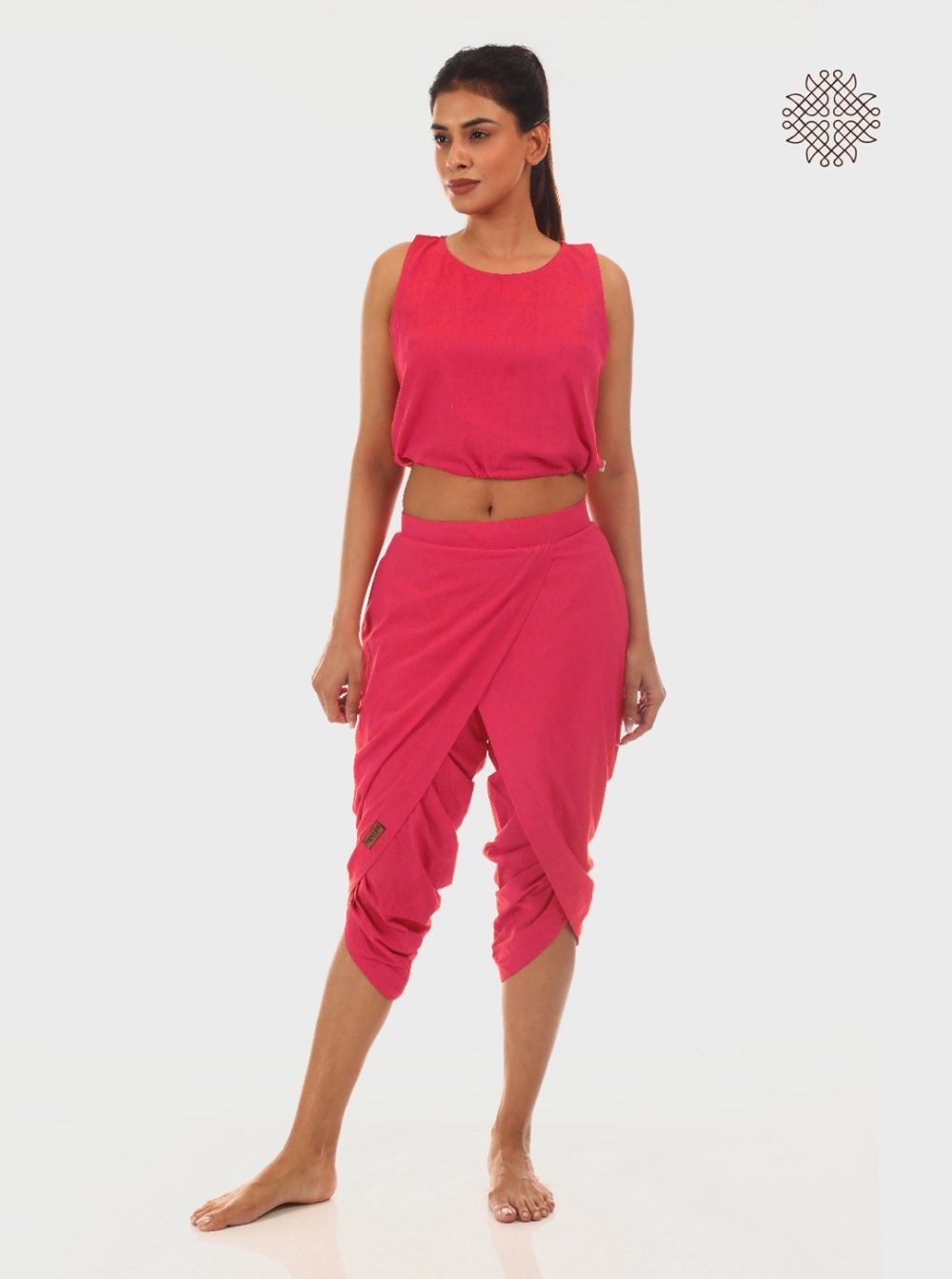 pAtala (coral pink) taruNi, cross-cut calf length dhoti pants with pockets crafted in 100% cotton - Image 5