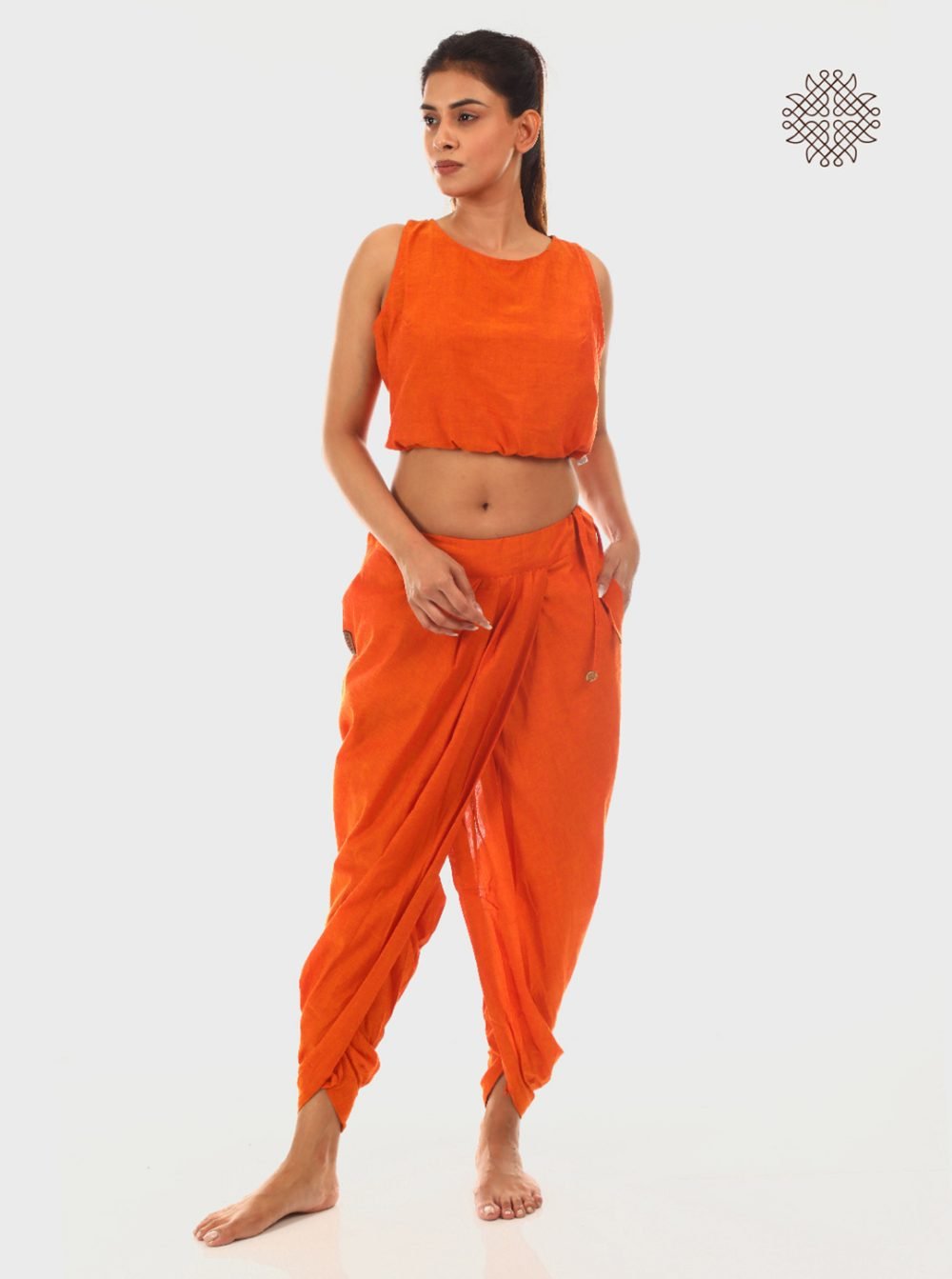 kesari (saffron) yuvaki, pleated dhoti pants with pockeyts crafted in 100% cotton - Image 5