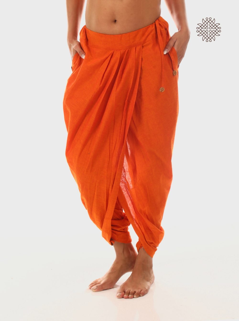 kesari (saffron) yuvaki, pleated dhoti pants with pockeyts crafted in 100% cotton
