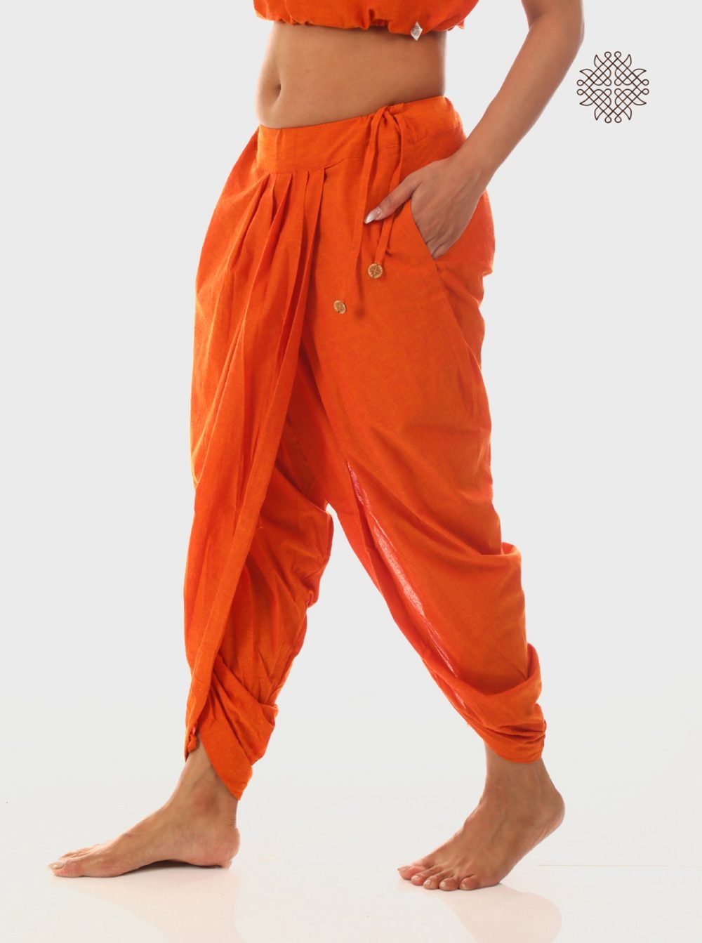 kesari (saffron) yuvaki, pleated dhoti pants with pockeyts crafted in 100% cotton - Image 3