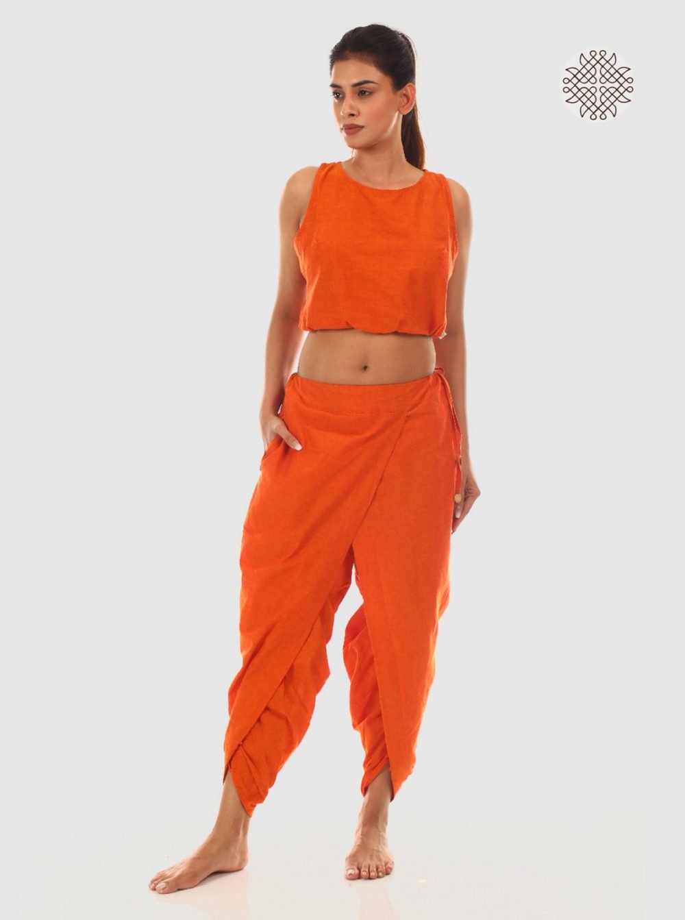 kesari (saffron) yuvaki, cross-cut dhoti pants with pockets crafted in 100% cotton - Image 5