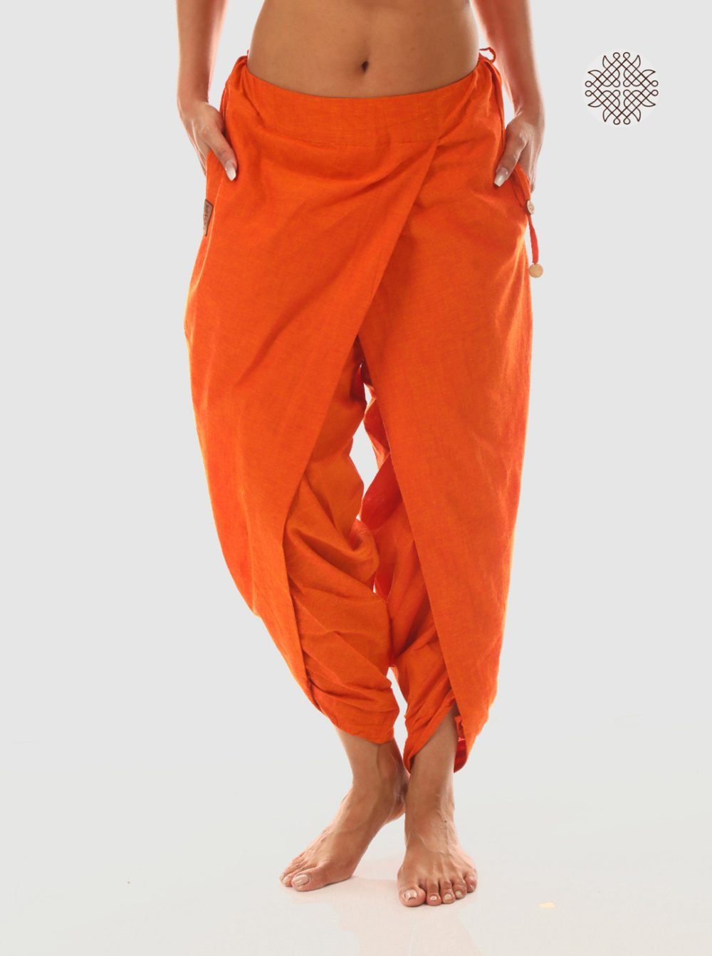 kesari (saffron) yuvaki, cross-cut dhoti pants with pockets crafted in 100% cotton