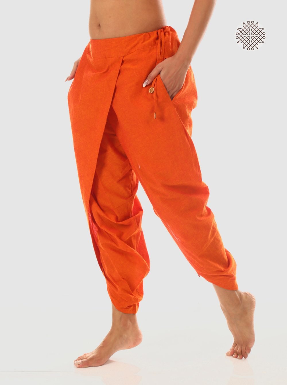 kesari (saffron) yuvaki, cross-cut dhoti pants with pockets crafted in 100% cotton - Image 3