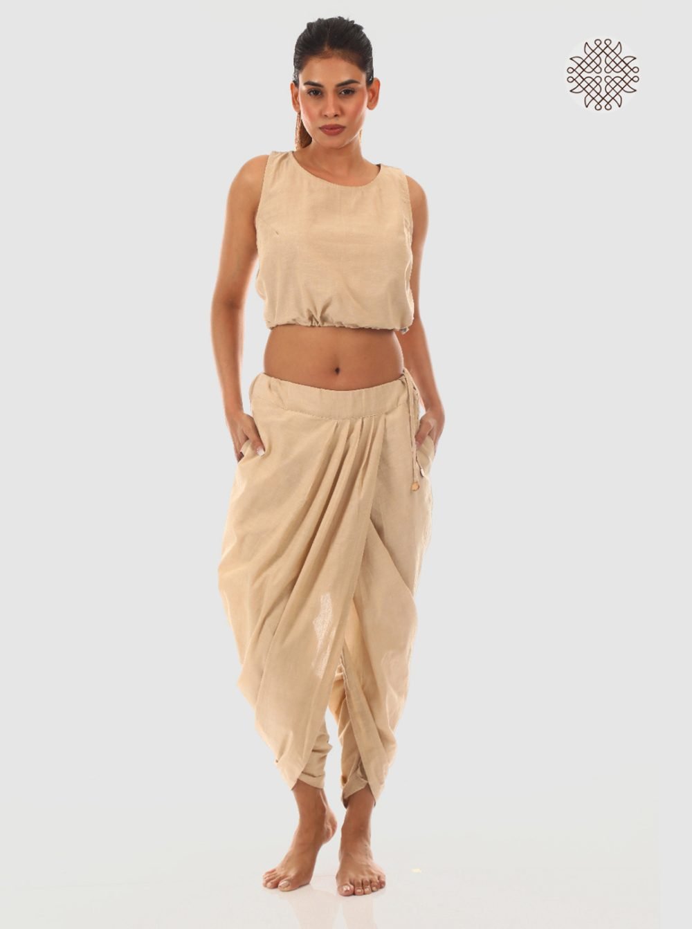 hariNa (beige) yuvaki, pleated dhoti pants with pockets crafted in 100% cotton - Image 5