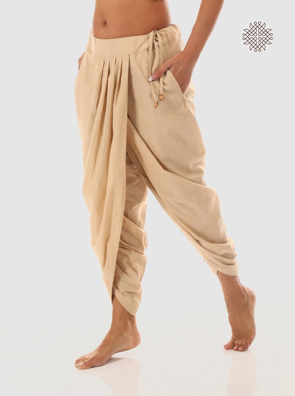hariNa (beige) yuvaki, pleated dhoti pants with pockets crafted in 100% cotton - Image 2
