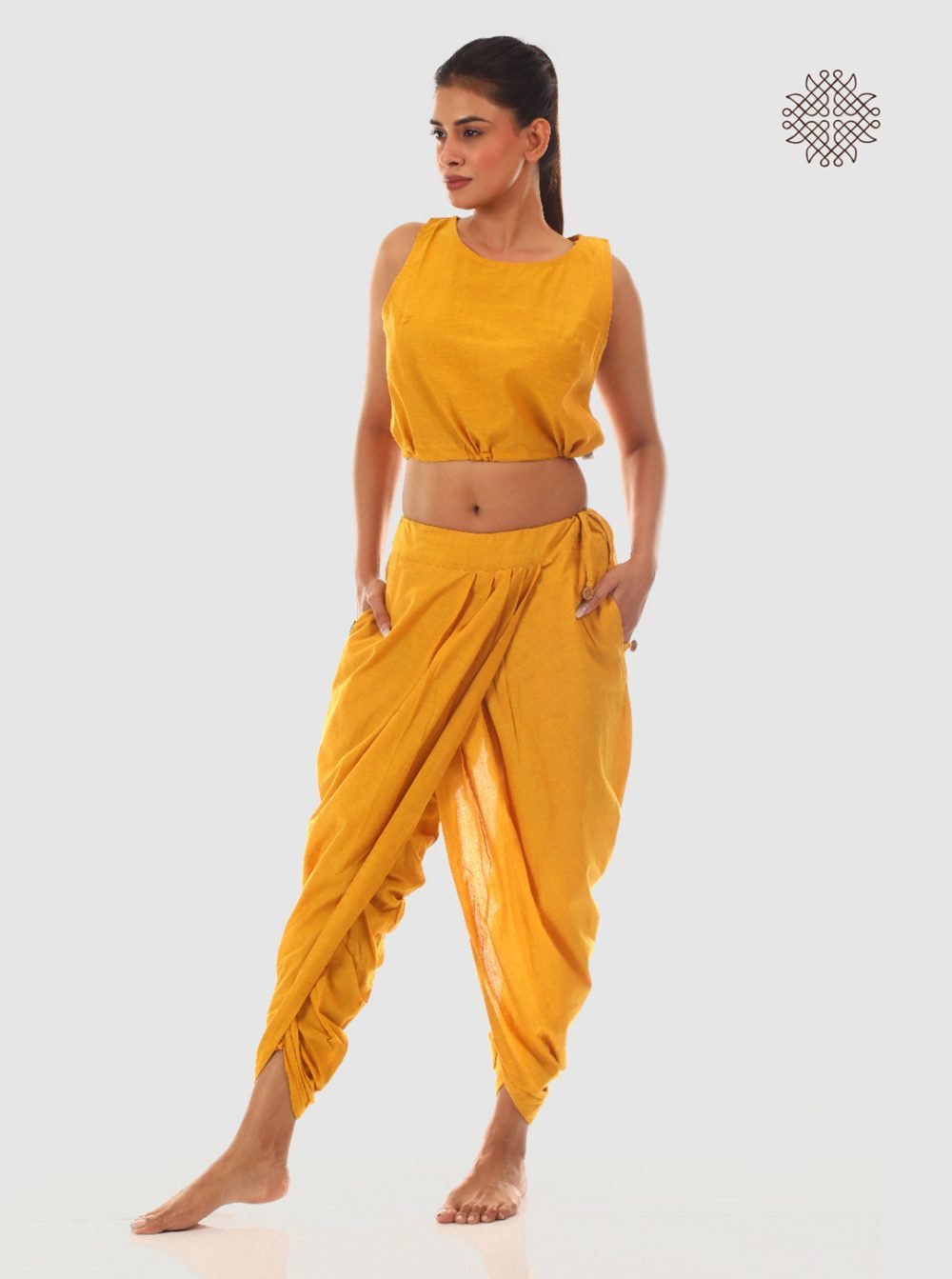 haridra (mustard yellow) yuvaki, pleated dhoti pants with pockets crafted in 100% cotton - Image 5