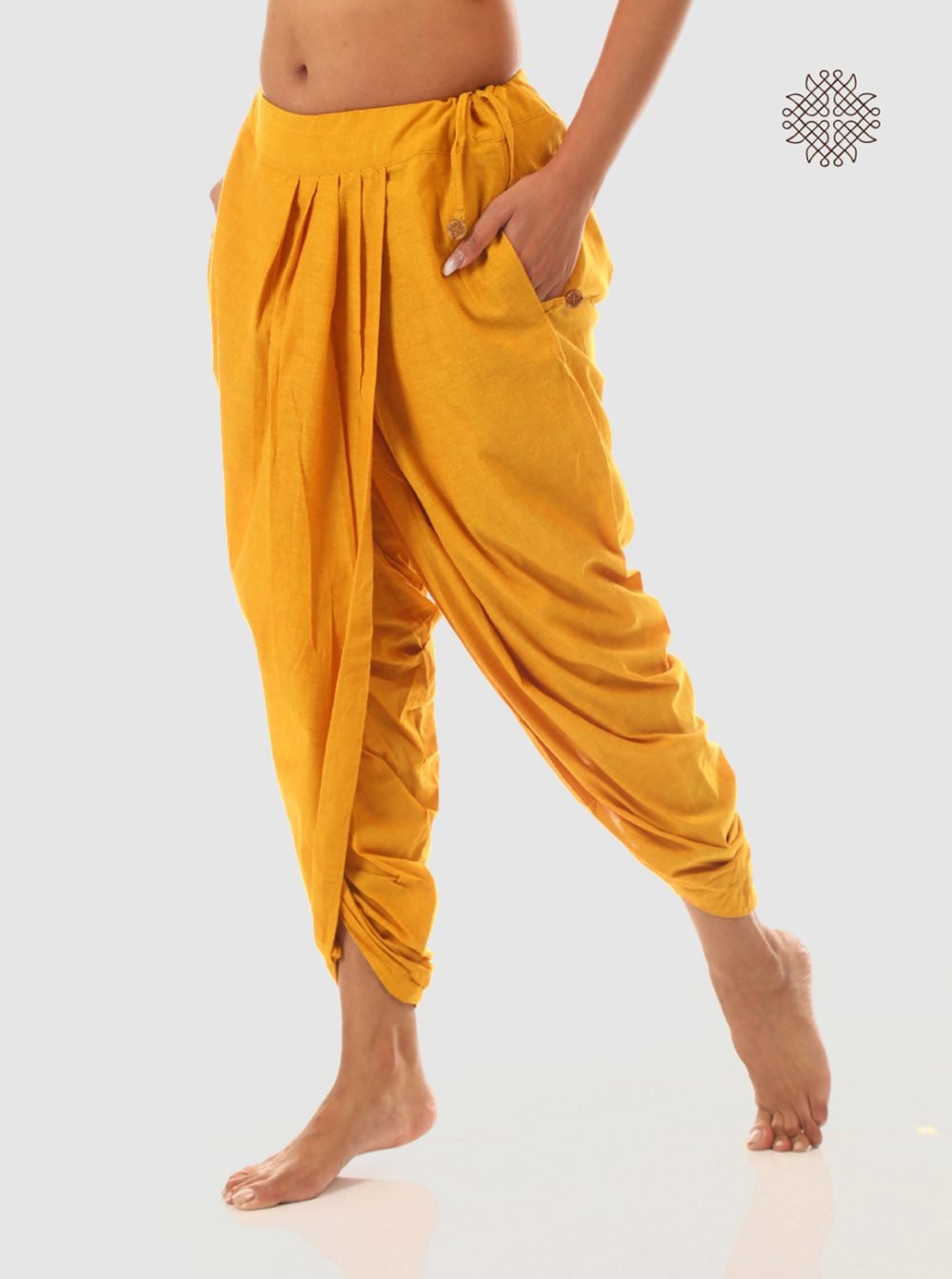 haridra (mustard yellow) yuvaki, pleated dhoti pants with pockets crafted in 100% cotton - Image 3