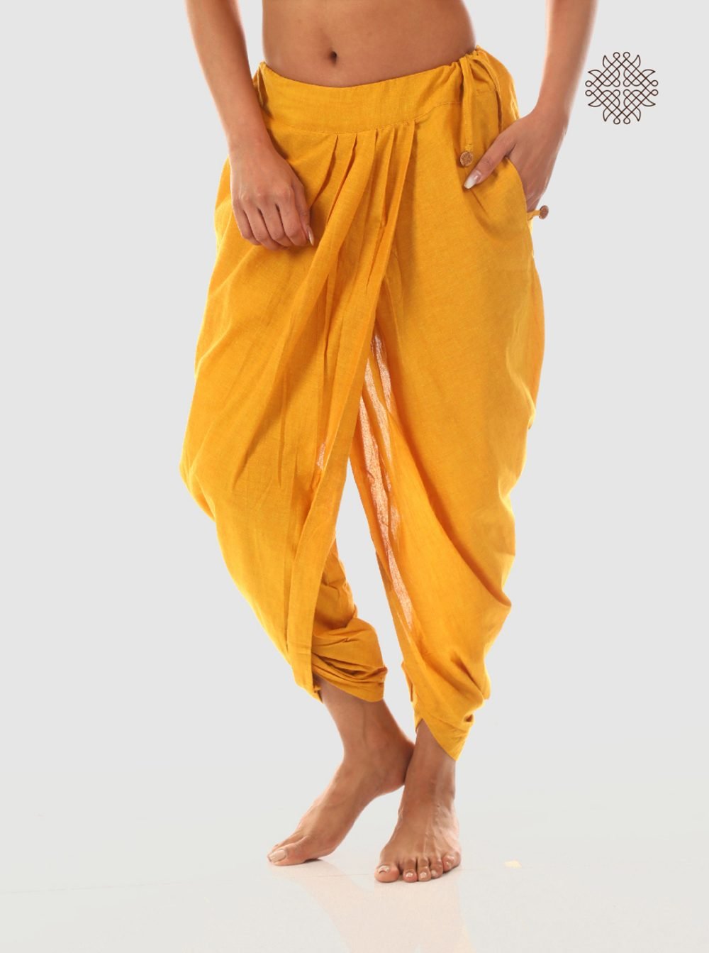 haridra (mustard yellow) yuvaki, pleated dhoti pants with pockets crafted in 100% cotton