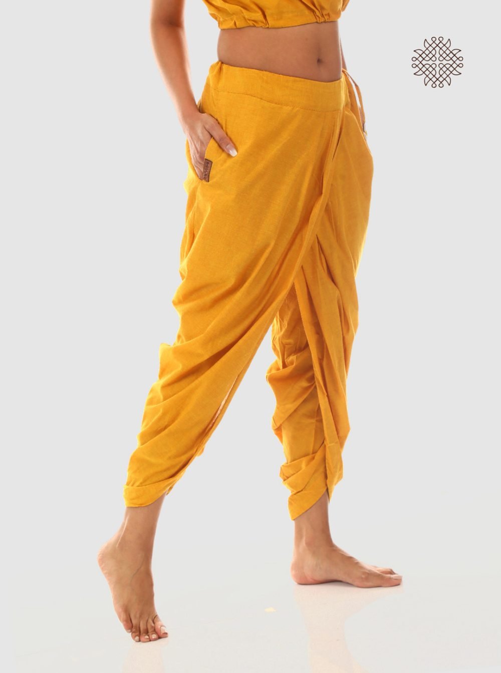 haridra (mustard yellow) yuvaki, pleated dhoti pants with pockets crafted in 100% cotton - Image 2