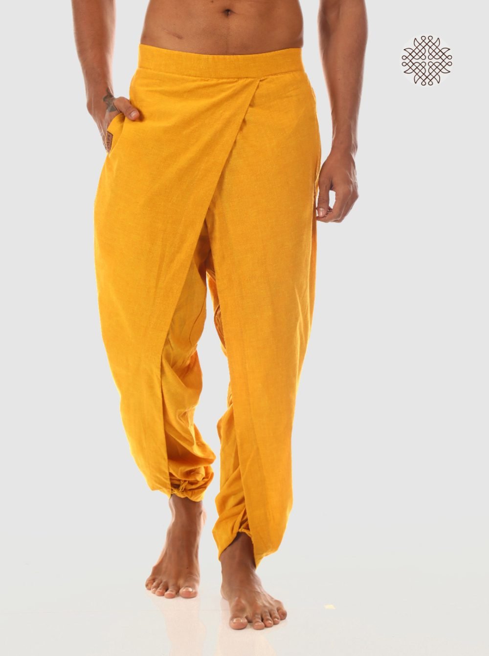 haridra (mustard yellow) yuvaka, cross cut dhoti pants with pockets crafted in 100% cotton
