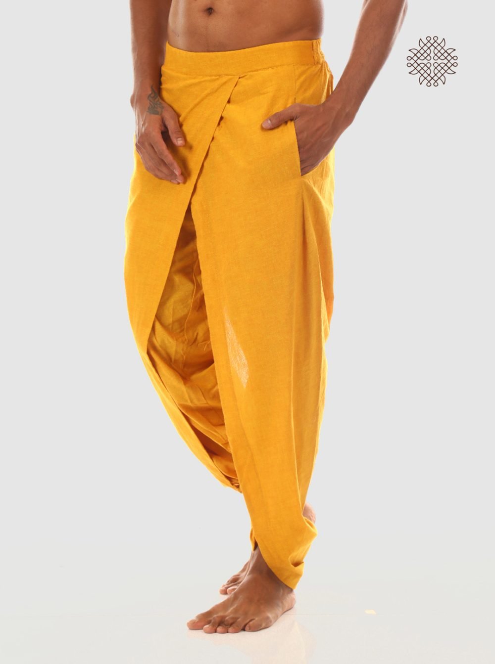 haridra (mustard yellow) yuvaka, cross cut dhoti pants with pockets crafted in 100% cotton - Image 3