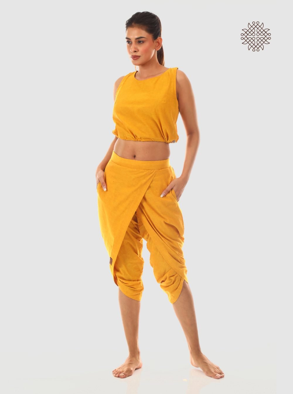 haridra (mustard yellow) taruNi, cross-cut calf length dhoti pants with pockets crafted in 100% cotton - Image 5