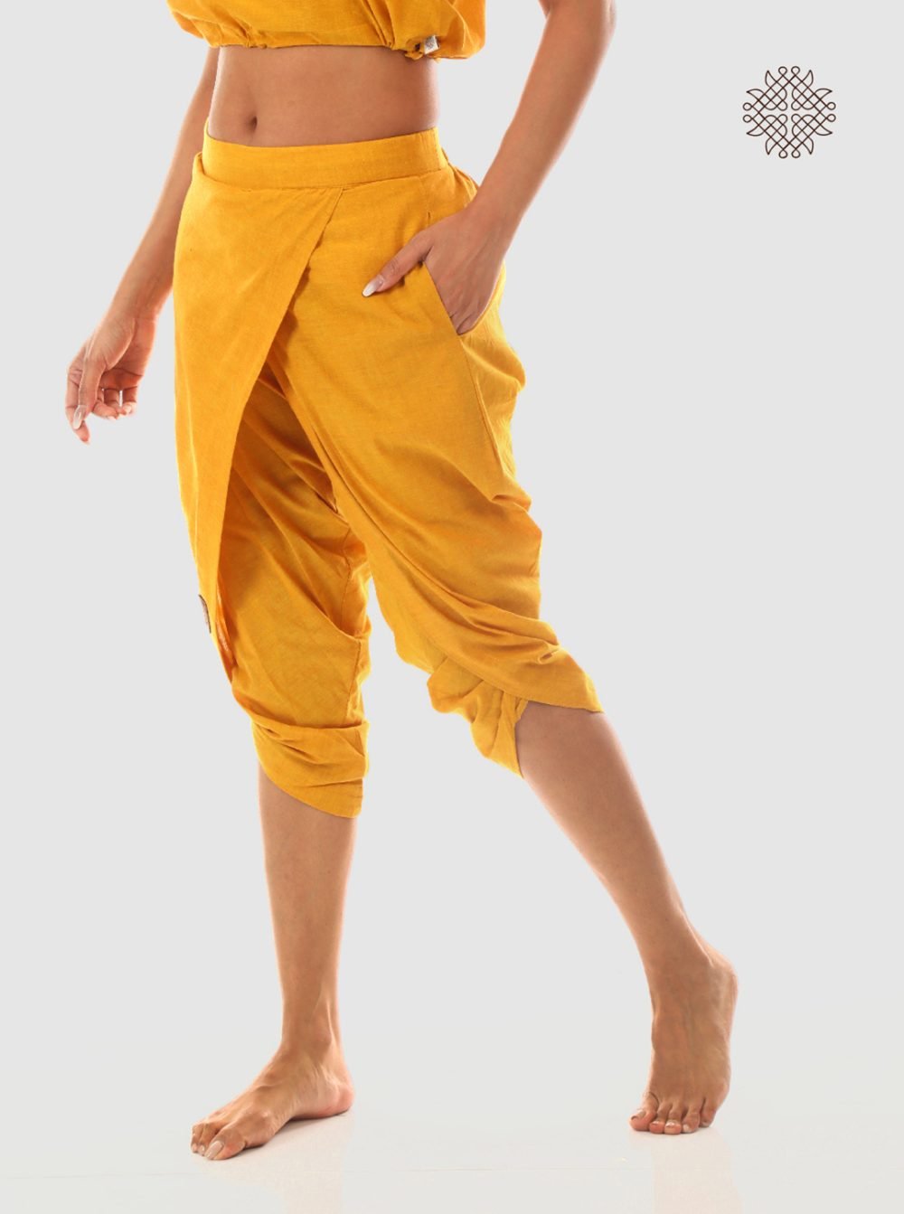 haridra (mustard yellow) taruNi, cross-cut calf length dhoti pants with pockets crafted in 100% cotton - Image 3