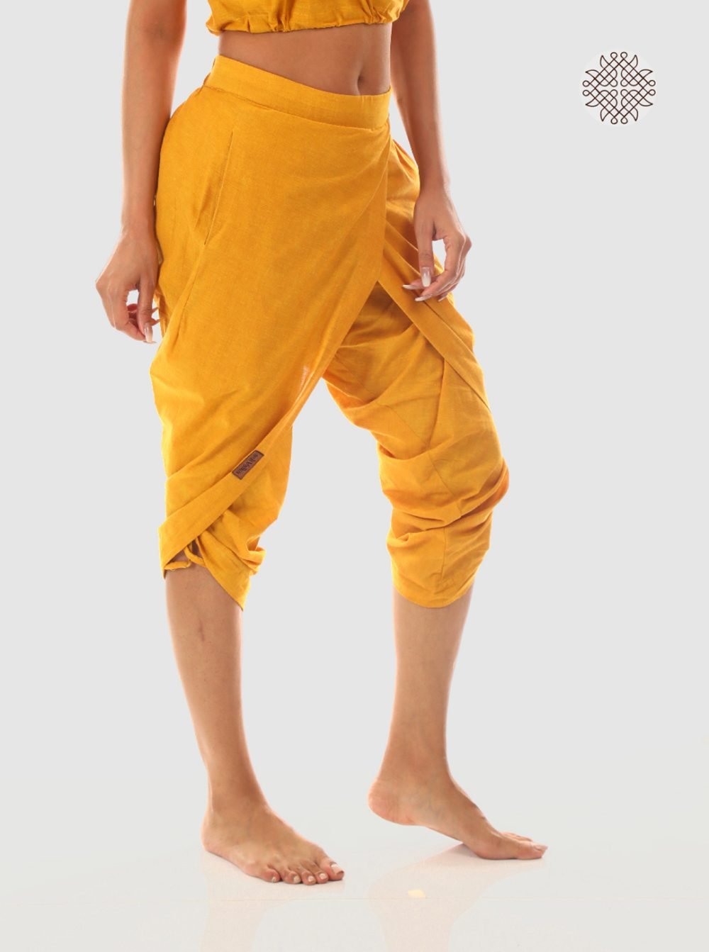 haridra (mustard yellow) taruNi, cross-cut calf length dhoti pants with pockets crafted in 100% cotton - Image 2