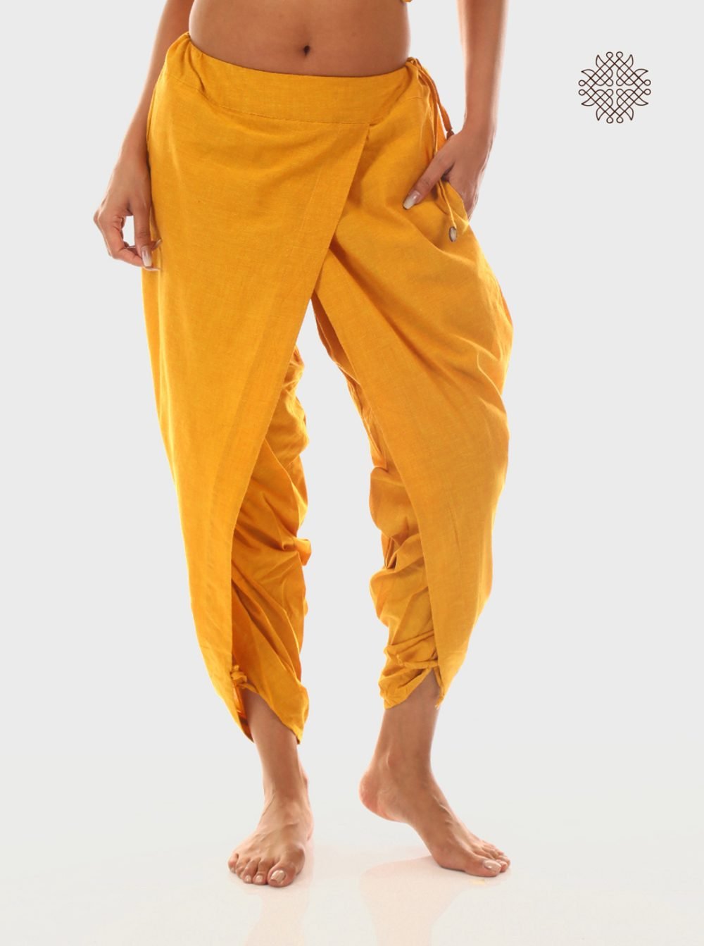 haridra (mustard yellow) yuvaki, cross-cut dhoti pants with pockets crafted in 100% cotton