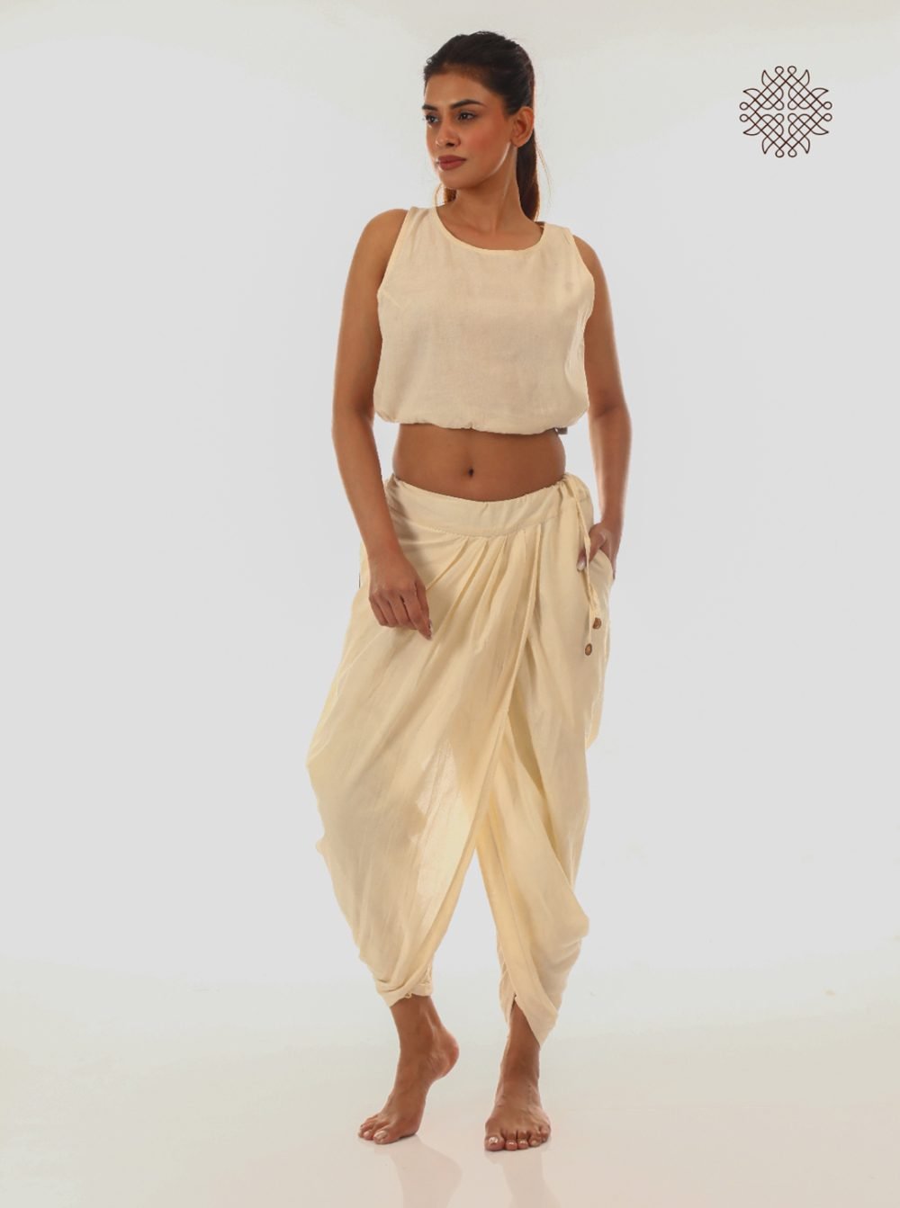 sattvika (off-white) yuvaki, pleated dhoti pants with pockets crafted in 100% cotton - Image 5