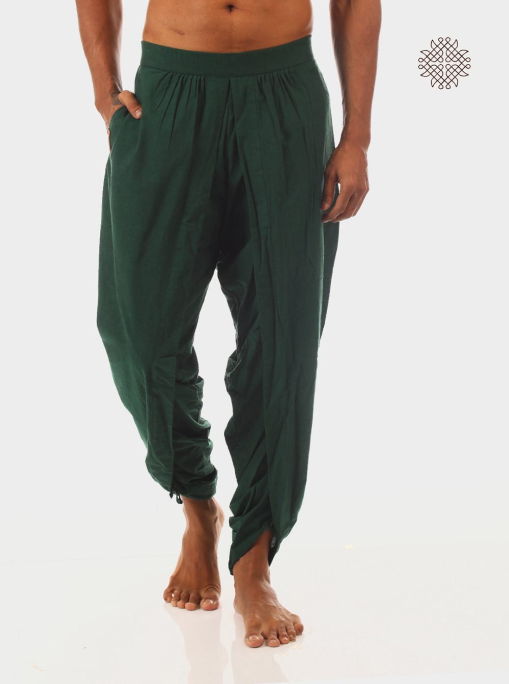 haritah (dark green) yuvaka, cross cut classic dhoti pants with pockets crafted in 100% cotton