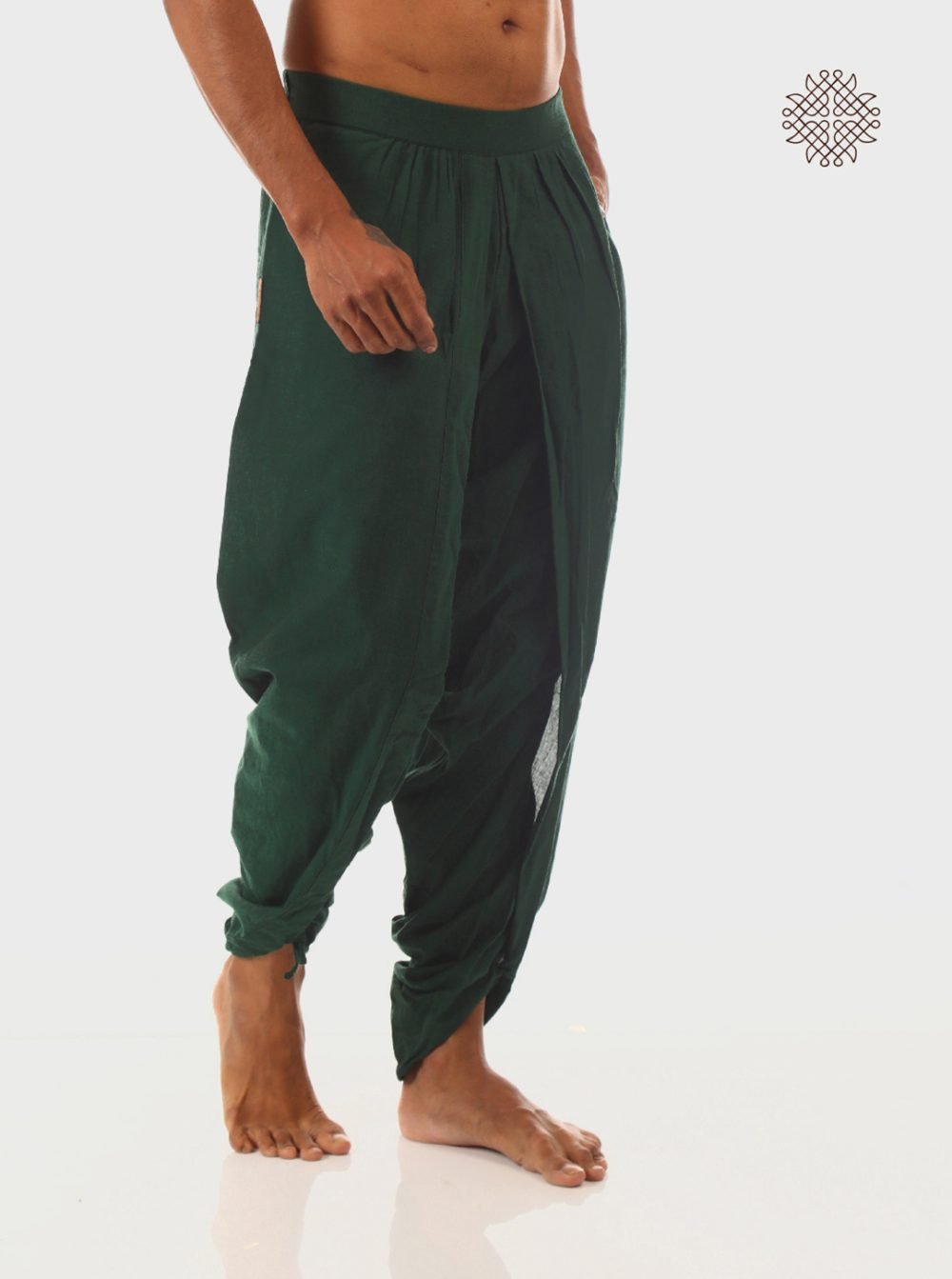 haritah (dark green) yuvaka, cross cut classic dhoti pants with pockets crafted in 100% cotton - Image 2