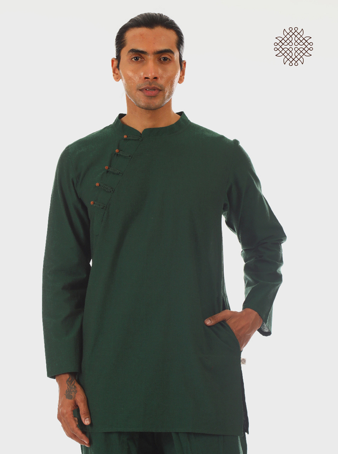 Rudraksha - Dark Green Kurta With Rudraksha Buttons made in 100% cotton