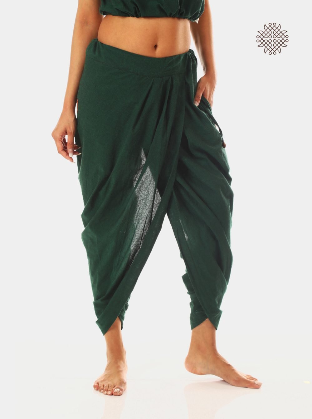 haritah (dark green) yuvaki, pleated dhoti pants with pockets crafted in 100% cotton