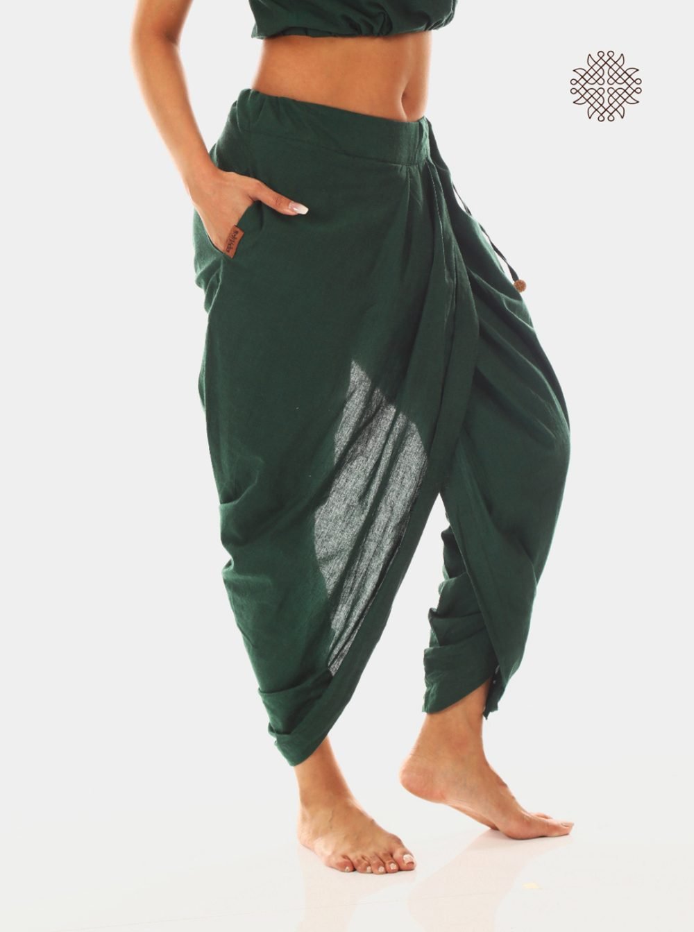 haritah (dark green) yuvaki, pleated dhoti pants with pockets crafted in 100% cotton - Image 2