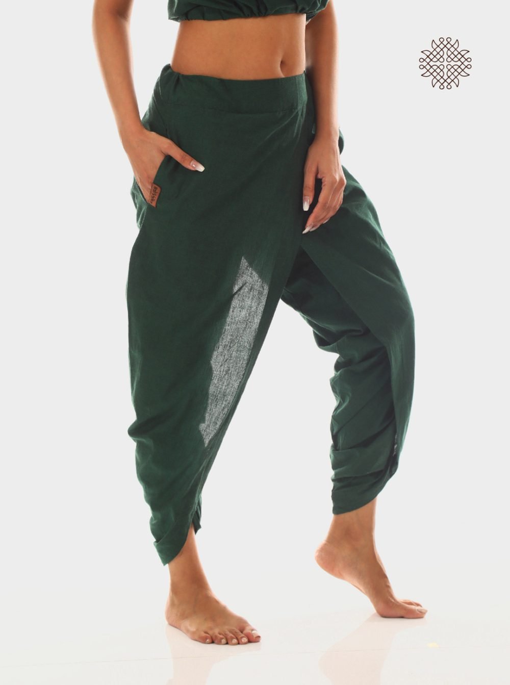 haritah (dark green) yuvaki, cross-cut dhoti pants with pockets crafted in 100% cotton - Image 2