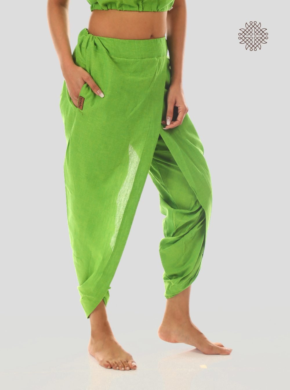 pitaharita/Lemon Green yuvaki, cross-cut dhoti pants with pockets crafted in 100% cotton - Image 2