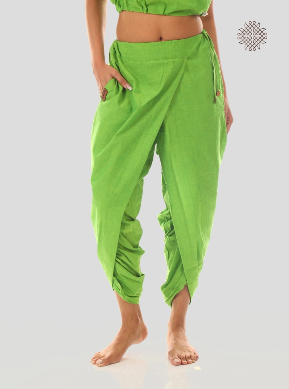 pitaharita/Lemon Green yuvaki, cross-cut dhoti pants with pockets crafted in 100% cotton
