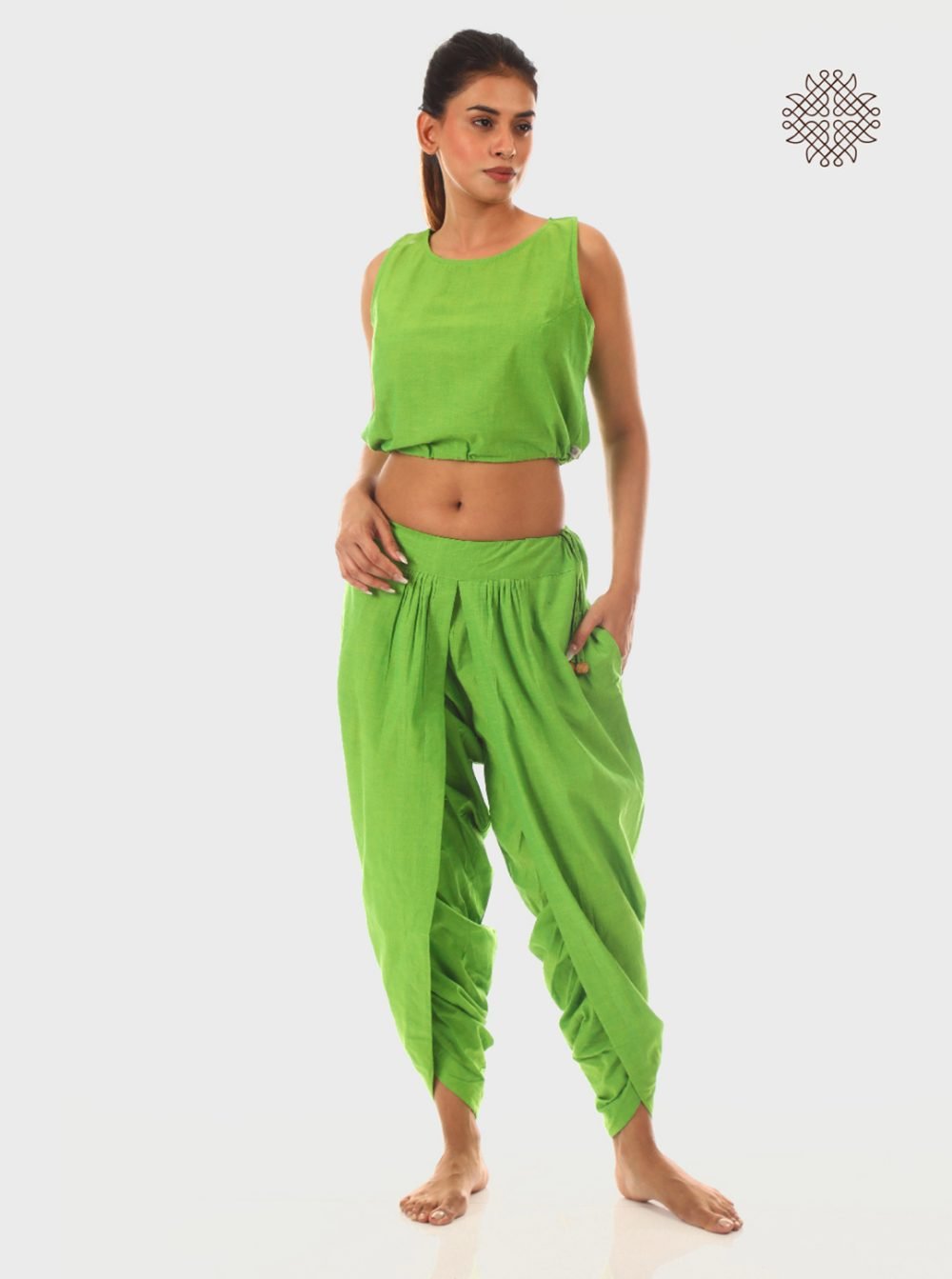 pitaharita/Lemon Green yuvaki, tulip classic dhoti pants with pockets form a comfy wrap crafted in 100% cotton - Image 5