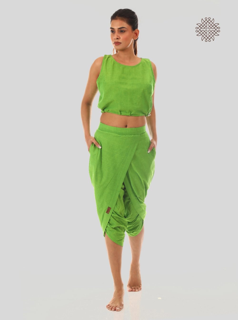 pitaharita/Lemon Green taruNi, cross-cut calf length dhoti pants with pockets  crafted in 100% cotton - Image 5