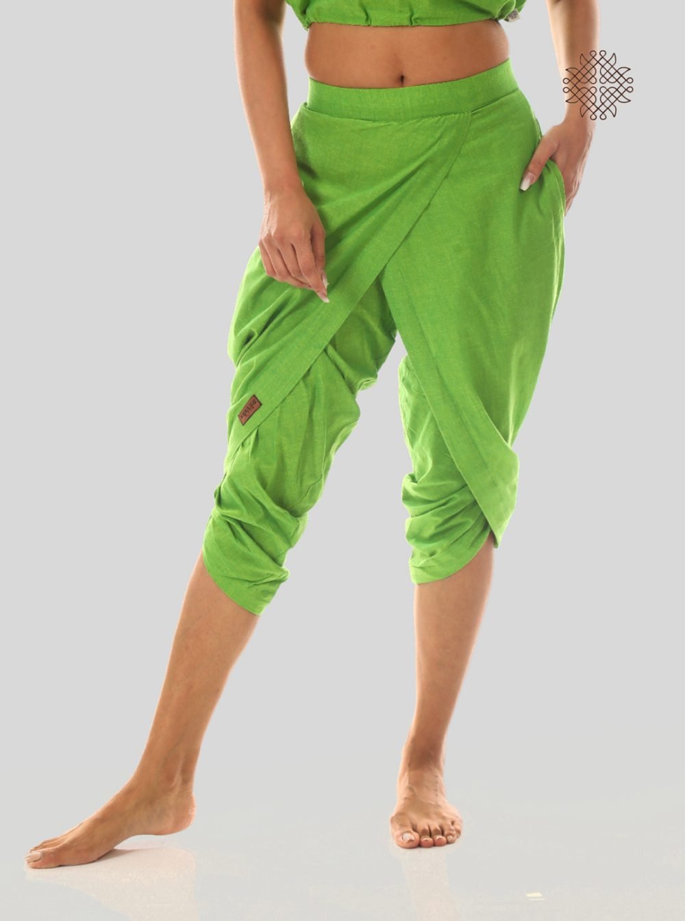 pitaharita/Lemon Green taruNi, cross-cut calf length dhoti pants with pockets  crafted in 100% cotton