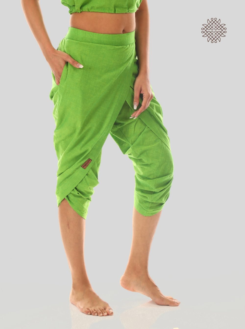 pitaharita/Lemon Green taruNi, cross-cut calf length dhoti pants with pockets  crafted in 100% cotton - Image 2