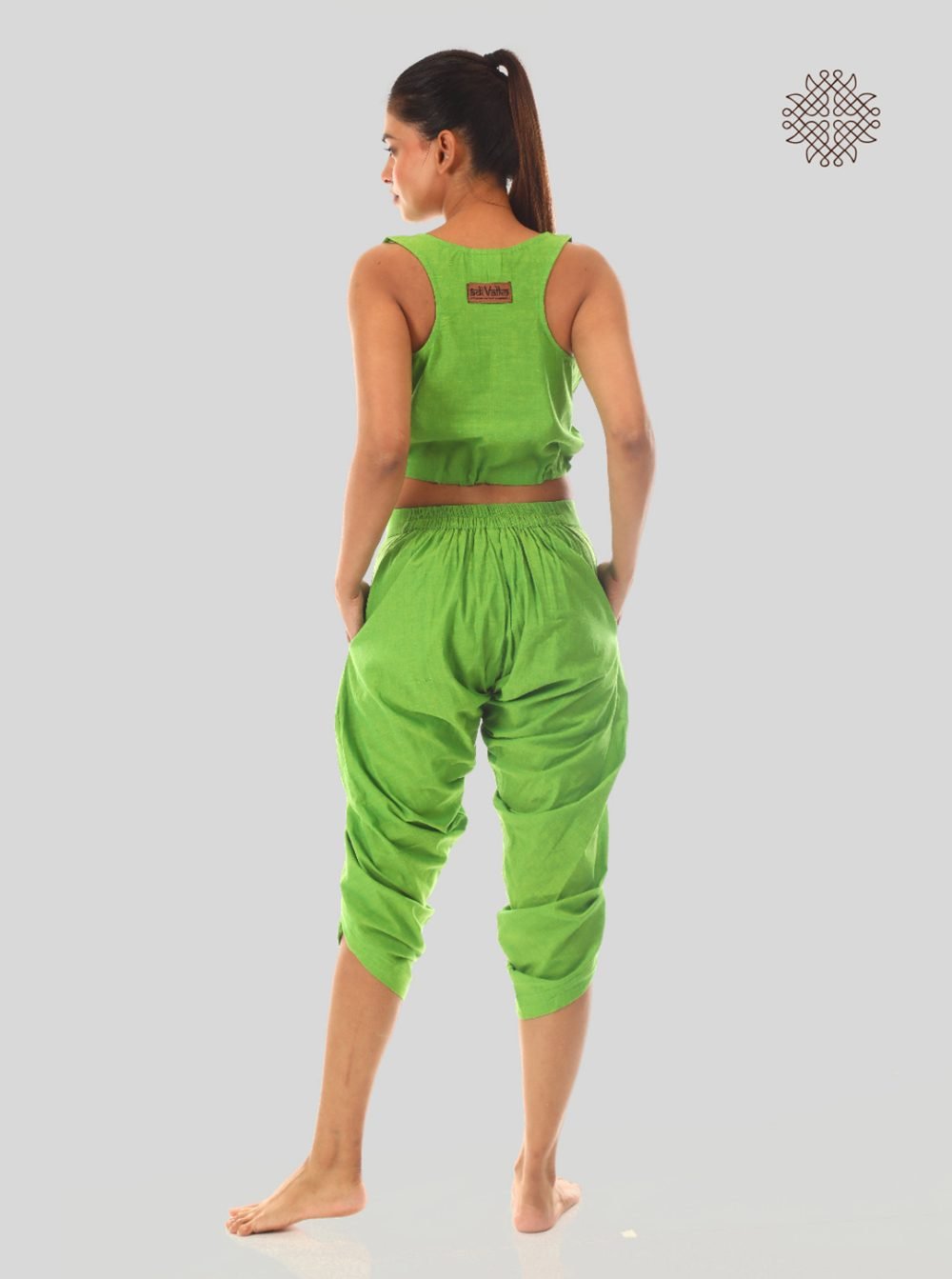 pitaharita/Lemon Green taruNi, cross-cut calf length dhoti pants with pockets  crafted in 100% cotton - Image 4