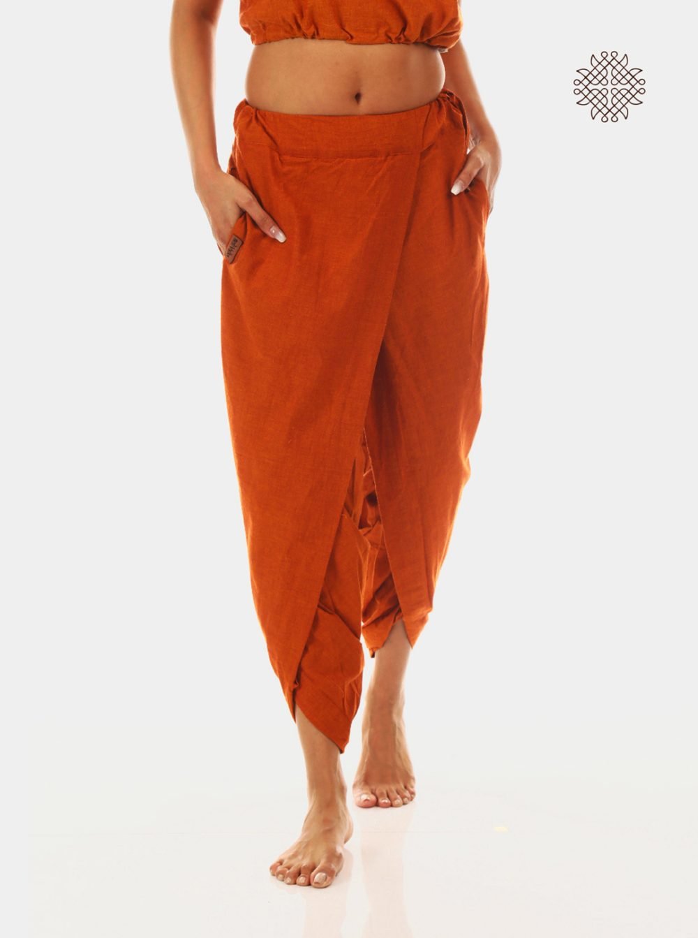 kapila (rusty orange) yuvaki, cross-cut dhoti pants with pockets crafted in 100% cotton